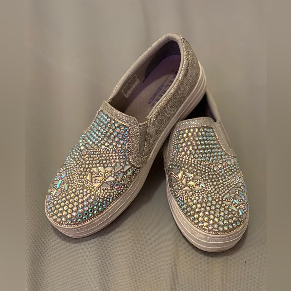 Skechers Kids Bedazzled Silver Sneakers with Rhinestone Embellishments